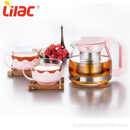 Сиреневый розовый стакан розовый чай Чайник 3шт.